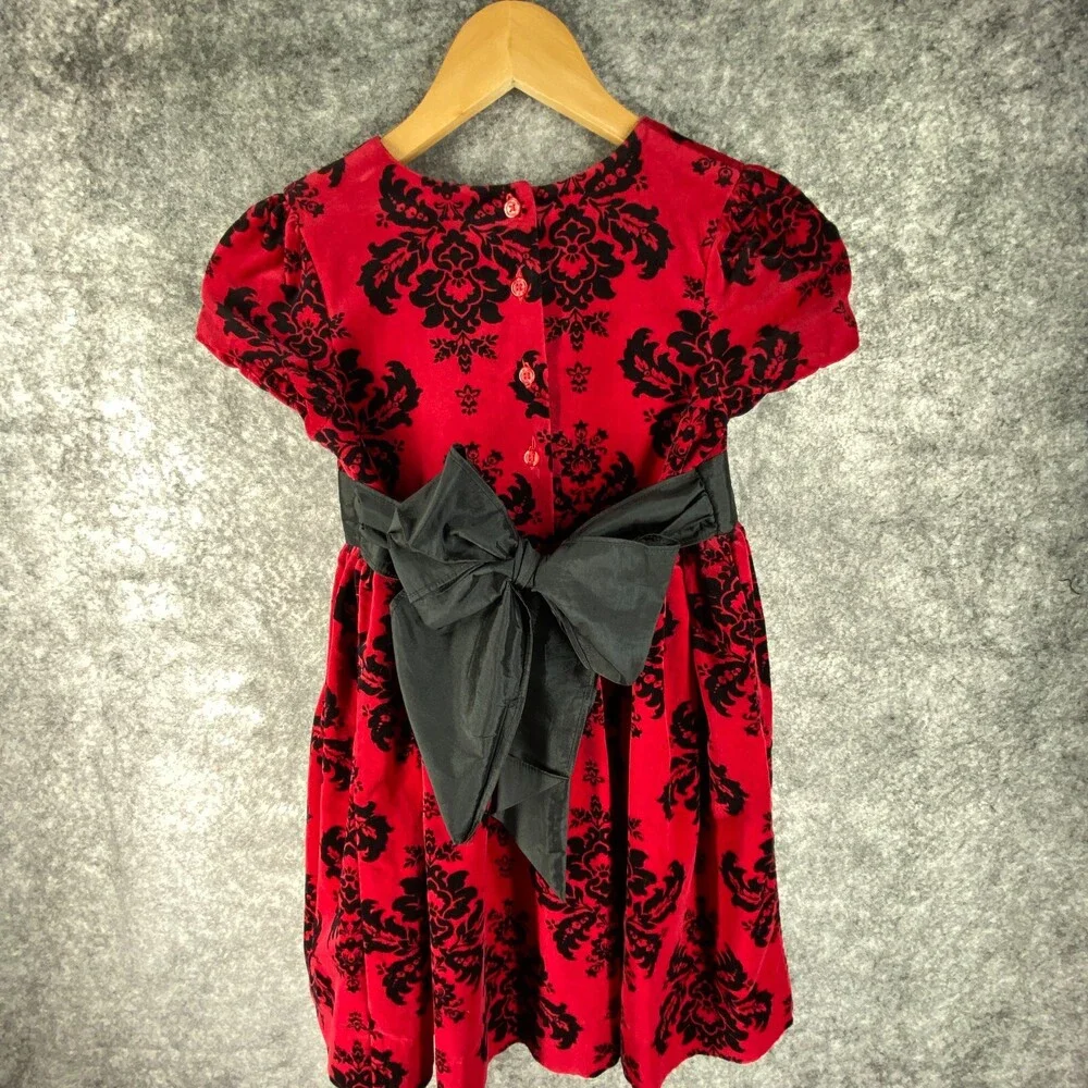 Hartstrings Dress Girls 7 Red Black Velvet Palampore Floral Ribbon Cotton Party